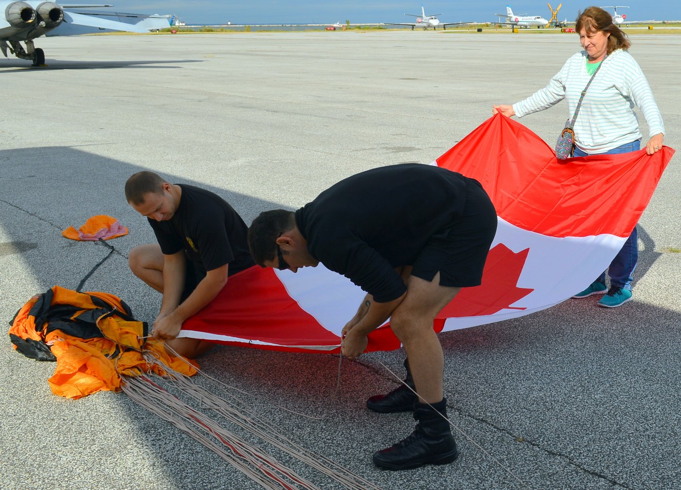 Preparing the Canadian flag for the jump.
